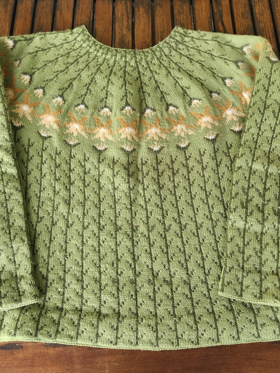Source Unknown Sweaters - Vintage Handmade in Denmark 100% Pure Wool Green Floral Fair Isle Yoke Sweater